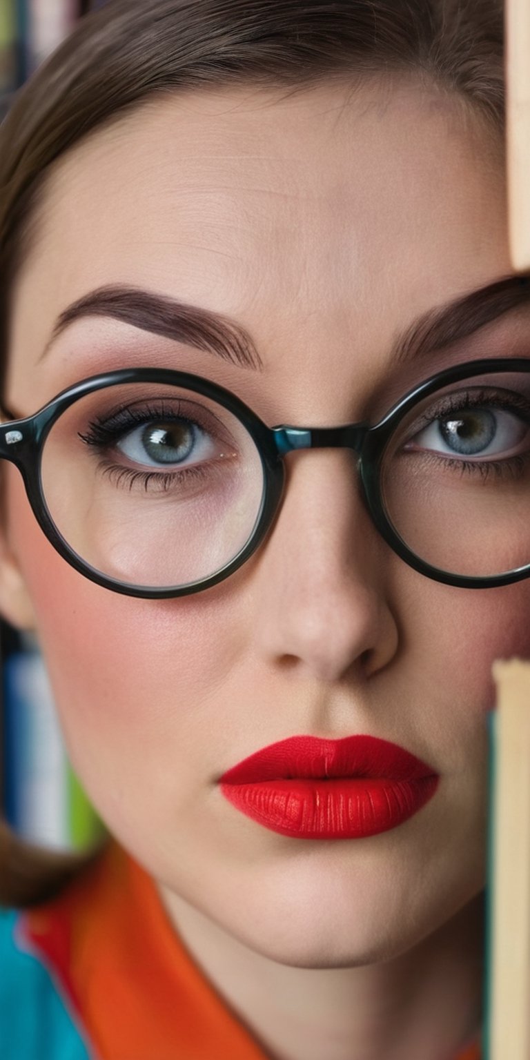 A close-up portrait of a woman with large, round glasses perched on her nose. Her eyes sparkle with intelligence and her lips are pursed in concentration. The background is a bookshelf overflowing with colorful books.
