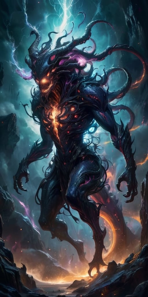 The Interdimensional Devourer From a rift between realities, a nightmarish being steps through. Its form is a twisted amalgamation of flesh and machinery, with tendrils of energy crackling around it. It emits a low, menacing hum that resonates with the very fabric of spacetime.
