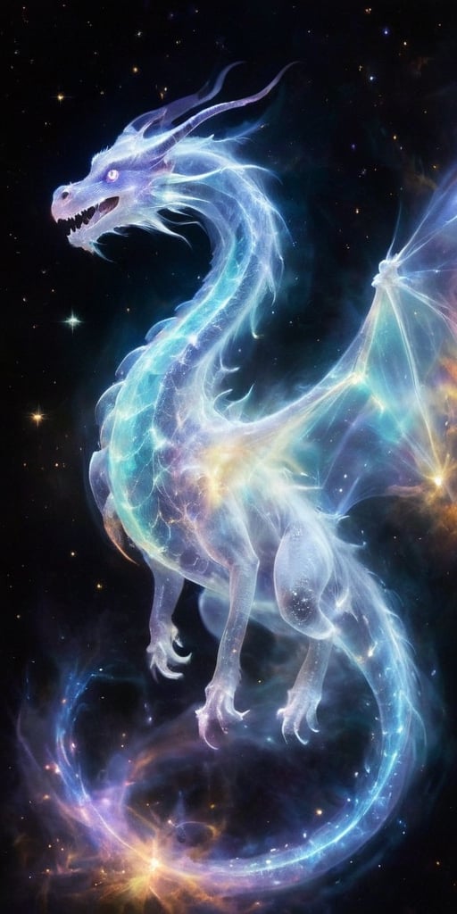 An ethereal dragon, translucent and shimmering like a ghostly apparition, its form outlined by the glow of distant stars. It soars through the void of space, leaving a trail of sparkling stardust in its wake, its eyes glowing with ancient wisdom as it navigates the cosmos.
