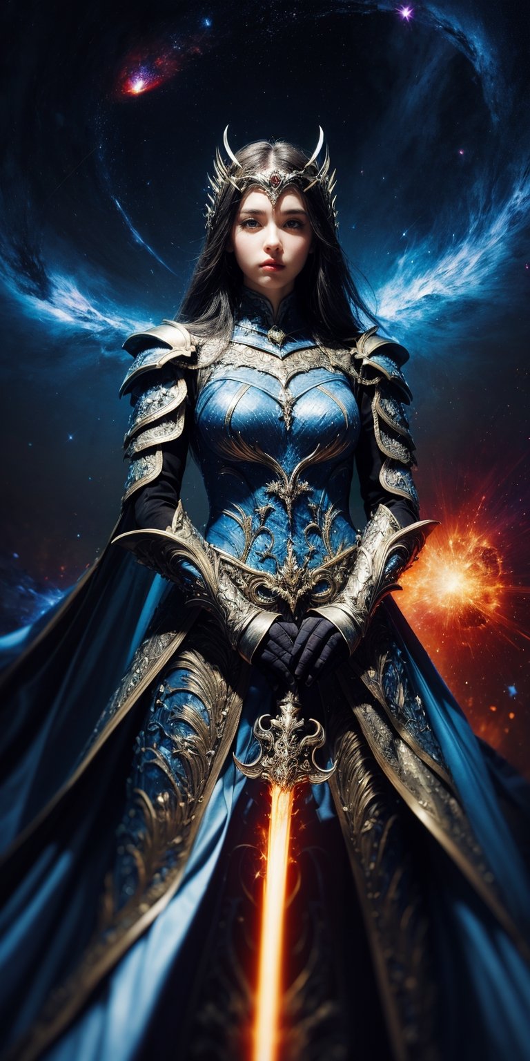 Celestial warrior A fierce and determined woman, clad in armor made of stardust and meteoric iron, wielding a sword forged in the heart of a supernova, ready to defend the cosmos.
