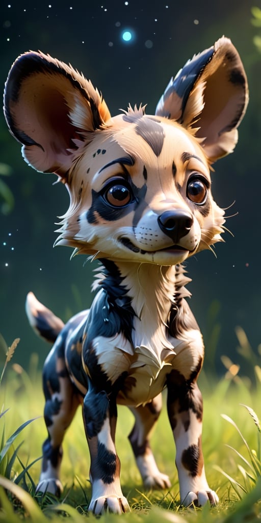 close up angle of, cut bod y, ((),(3d African Wild Dog)) surrounded by grassland,( )  ,animal, detailed focus, deep bokeh, beautiful, , dark cosmic background. Visually delightful , 3D,more detail XL,chibi