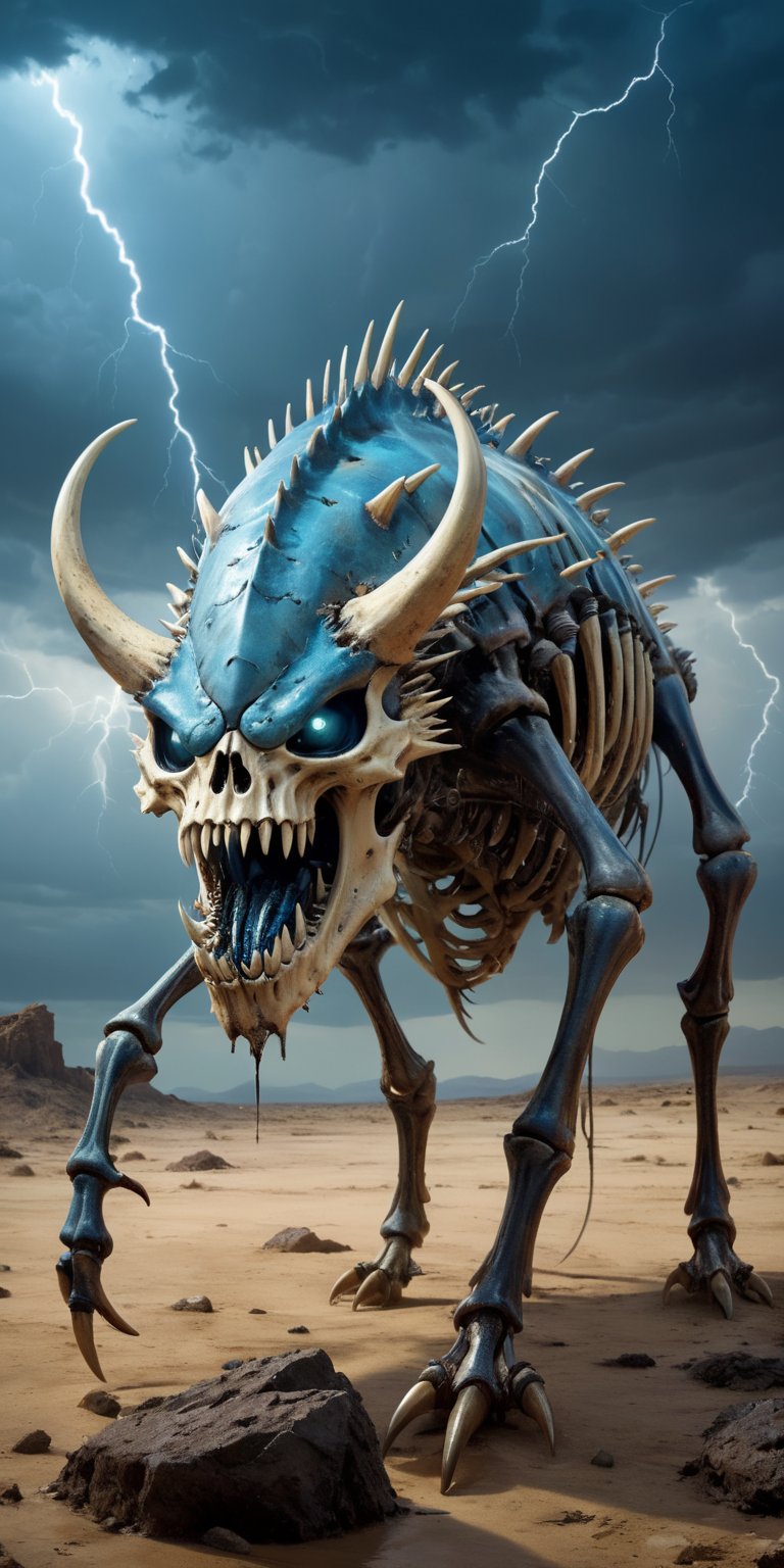 Bone Reaver A skeletal monstrosity with the body of a crustacean and the head of a saber-toothed cat. Its exoskeleton is covered in spiked protrusions, and its mandibles drip with a corrosive acid. Its eyes glow a haunting blue. The backdrop is a desolate wasteland under a sky filled with storm clouds and lightning.
