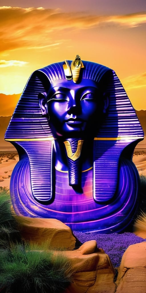 A colossal sphinx carved from living amethyst, its eyes glowing with molten gold, guards a forgotten oasis. Lush greenery spills from its mane, contrasting with the harsh desert landscape, hinting at the secrets it protects.
