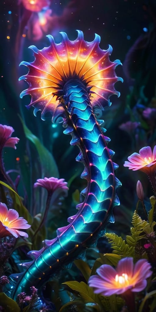 A colossal, serpentine creature with iridescent scales and glowing spines undulates through a field of bioluminescent flowers on an alien planet. Its forked tongue flickers as it samples the exotic flora, its bioluminescence pulsing in sync with the flowers' rhythmic glow.
