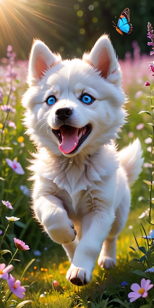 A husky puppy with piercing blue eyes and fluffy white fur, its playful energy boundless, bounds through a field of wildflowers, chasing a brightly colored butterfly. The puppy's pink tongue flops out in joyful exertion as it leaps and pounces, its soft fur catching the sunlight in a burst of white. The butterfly, with wings of vibrant orange and black, flits just out of reach, leading the energetic pup on a merry chase through the summer meadow.
