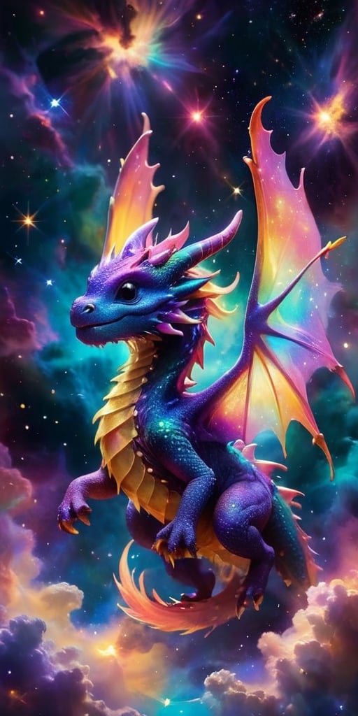 Playful Dragon in a Nebula A playful baby dragon with wings like butterfly wings made of stardust flies through a vibrant nebula. Its body glows with an ethereal light as it weaves through the colorful gas clouds and twinkling stars.