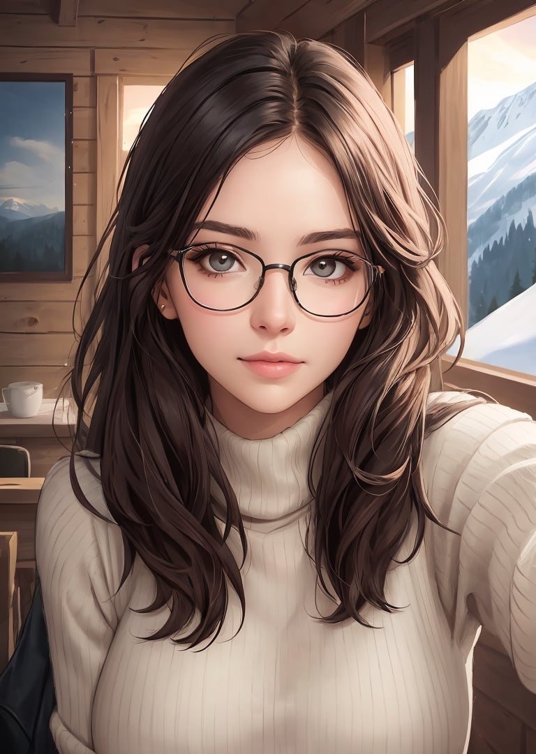 A photo of emb-babs,as a beautiful woman in a thick sweater,wearing stylish glasses,in a ski cabin,(looking at the camera),photoshoot style,seductive expression,8k HD,RAW,dslr,perfect features,flawless skin,skin pores,professional,masterpiece,(photorealistic:1.4),detailed,intricate,high resolution,detailed background,fcDetailPortrait,epiCRealism,OverallDetail.,