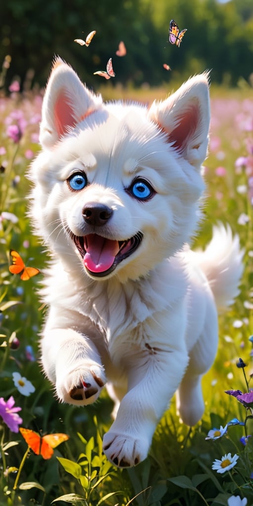 A Siberian husky puppy with piercing blue eyes and fluffy white fur, its playful energy boundless, bounds through a field of wildflowers, chasing a brightly colored butterfly. The puppy's pink tongue flops out in joyful exertion as it leaps and pounces, its soft fur catching the sunlight in a burst of white. The butterfly, with wings of vibrant orange and black, flits just out of reach, leading the energetic pup on a merry chase through the summer meadow.
