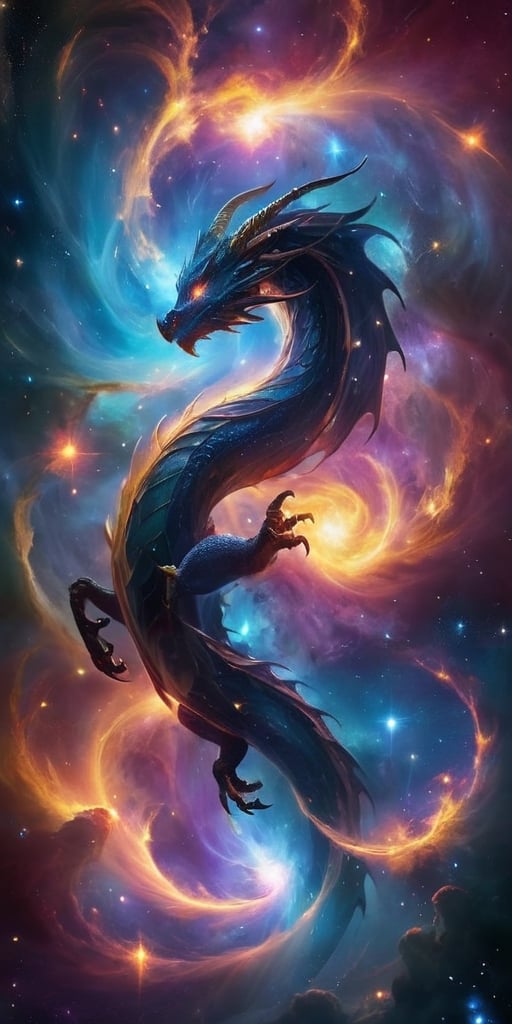 A dragon of living nebulae, its body a swirling mass of gases and dust, lit from within by the light of newborn stars. It moves with a slow, deliberate grace through a dense nebula, its form constantly shifting and changing as it absorbs and emits the energies of the cosmic cloud around it.
