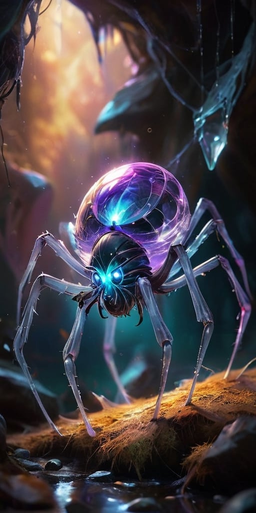 A colossal, crystalline entity resembling a twisted spider pulsates with an inner light. Its legs, formed from razor-sharp crystals, pierce the ground, and its multifaceted eyes gleam with an intelligence both alien and unsettling.
