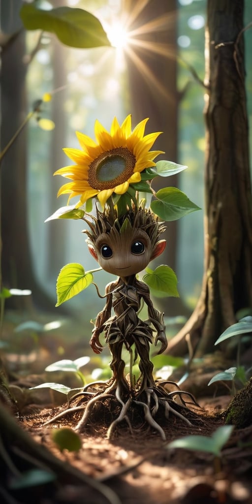 A baby treant sapling, no bigger than a sunflower, with leaves sprouting from its head and roots like tiny toes. Sunlight streams through the leaves, casting intricate shadows on the forest floor.
