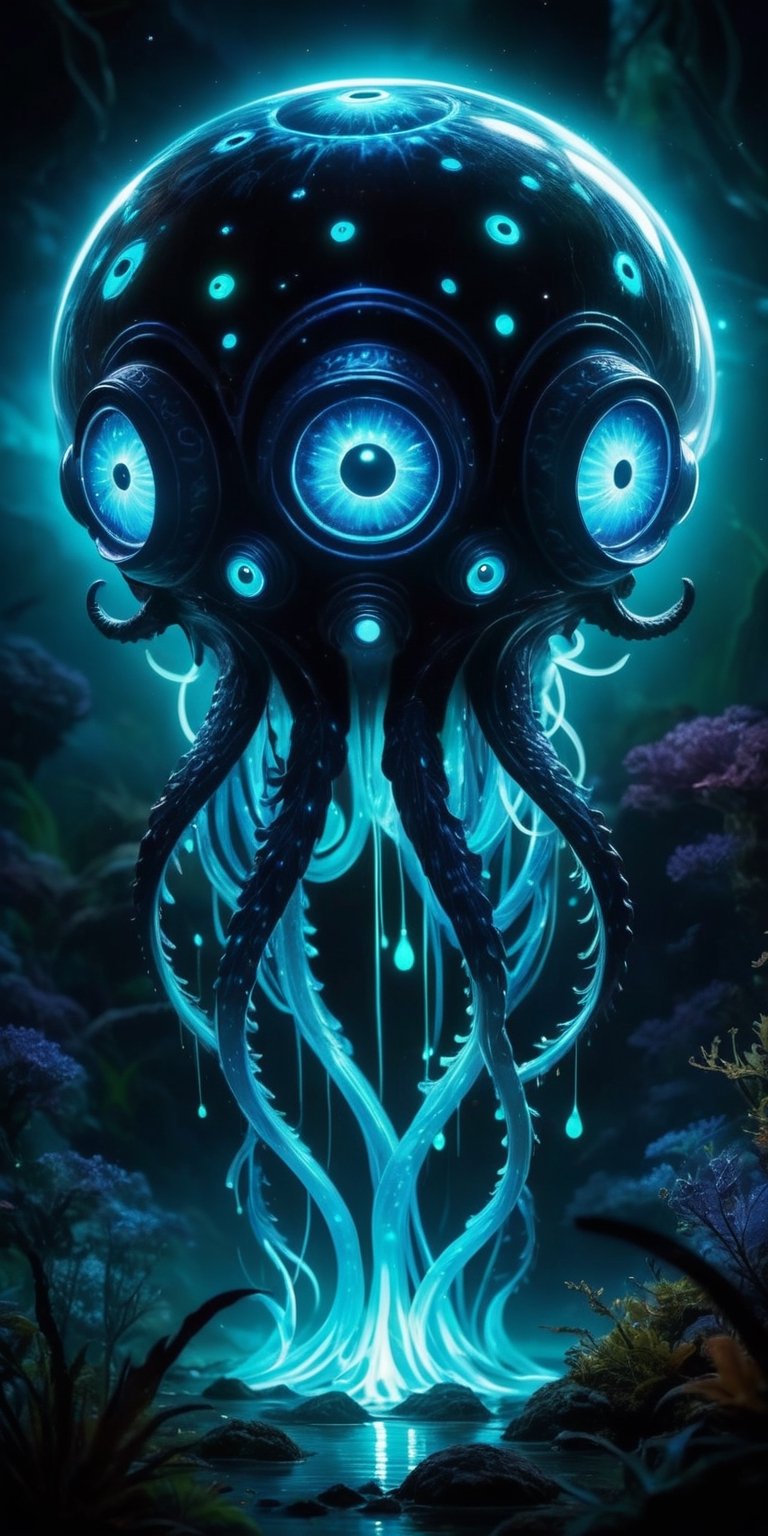 A creature with a body covered in bioluminescent markings that glow in the dark. It has a large, bulbous head with multiple eyes that can see in all directions, and it communicates with a series of clicks and whistles.
