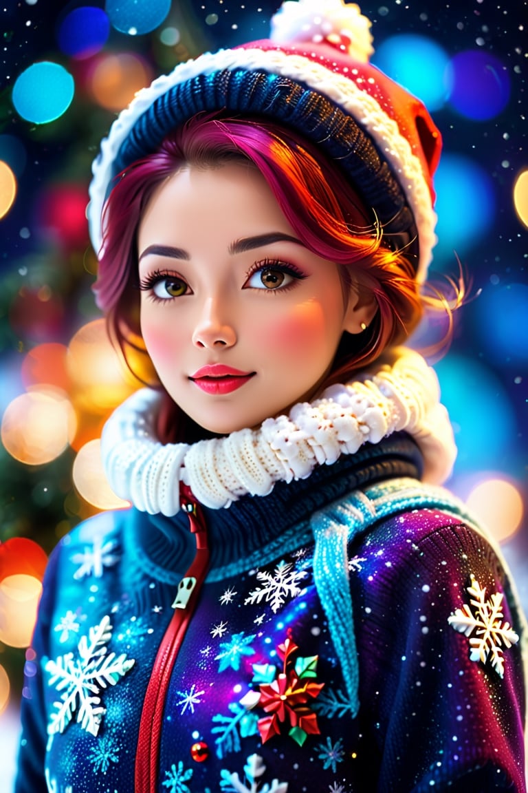 close up angle of (( winter clothes women )), (snow) , detailed focus, deep bokeh, beautiful, dreamy colors, dark cosmic background. Visually delightful ,3D,more detail XL( Christmas theme)(the text "Mari Christmas":1.5)