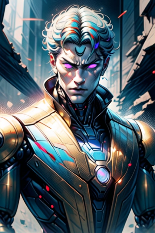 Robot, human like robot, cybernetic, standing near destroyed building , 30 year old man, black suit purple lighting, half
Human, half robot ,25D_Loras,no_humans,Detailedface, blue_eyes, gold hair, golden armour