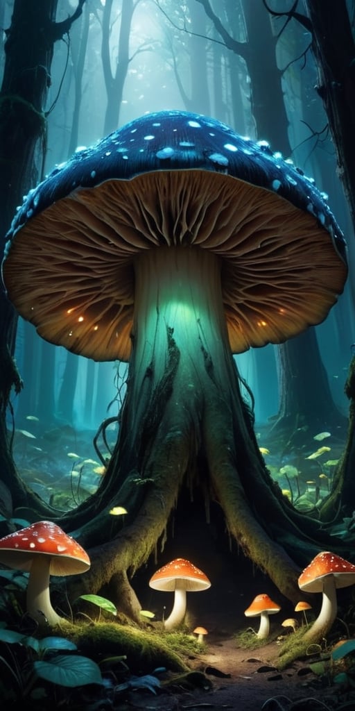  A dense, primeval forest bathed in the otherworldly light of a bioluminescent mushroom grove. The air hums with a strange energy, and the ground is carpeted with vibrant fungi of all shapes and sizes.A colossal, lumbering creature resembling a monstrous mushroom, its cap dotted with glowing spores. Glowing tendrils sprout from its body, reaching out to snare unsuspecting prey. A single, petrified animal lies at the monster's feet, its form frozen in a silent scream.,monster