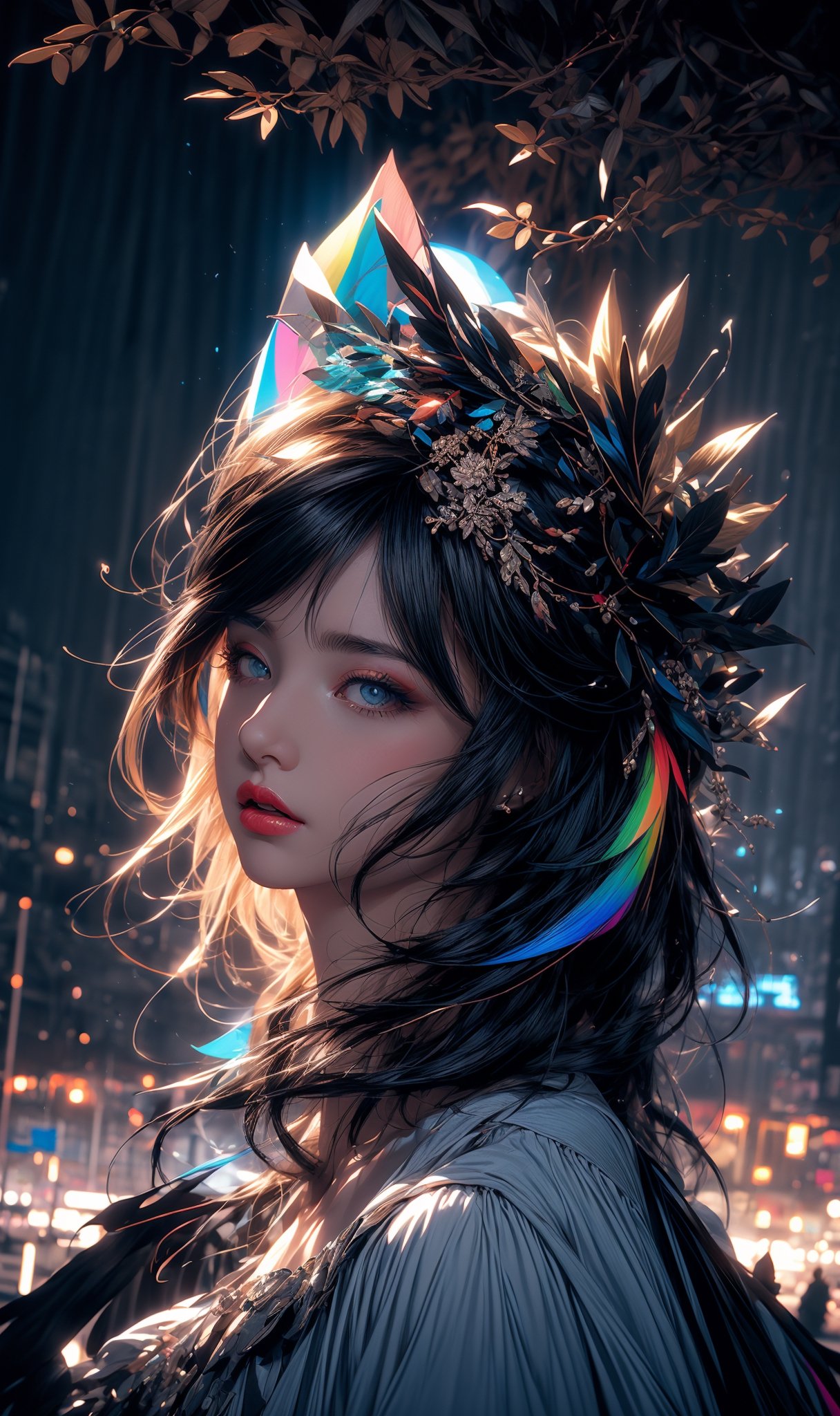 a colorful digital artwork of a woman, tree's branches and leaves, in the style of mythic theme, graceful surrealism, depictions of urban life, (dark sky-blue and rainbow), portraitures with hidden meanings, caricature-like illustrations, metropolis meets nature ,midjourney, double exposure,1 girl