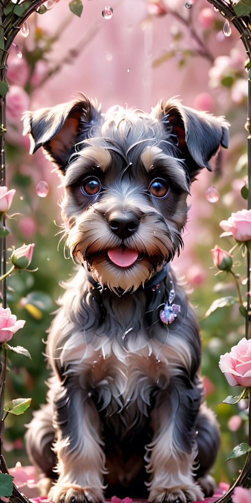 A close-up image of a Schnauzer puppy's face, framed by its wiry fur. The puppy's eyes sparkle with mischief as it fixates on a delicate pink butterfly fluttering in front of a rose bush. Dewdrops glisten on the rose petals, adding to the scene's charm.
