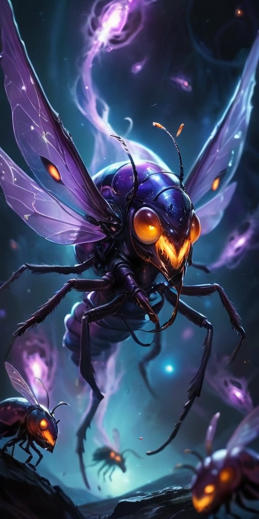 The Voidfiend Swarm A swarm of small, insect-like creatures skitters across the void. Their bodies are translucent, revealing pulsating organs within. Each creature has multiple sets of mandibles that click incessantly, emitting a chilling sound that reverberates through the vacuum of space.
