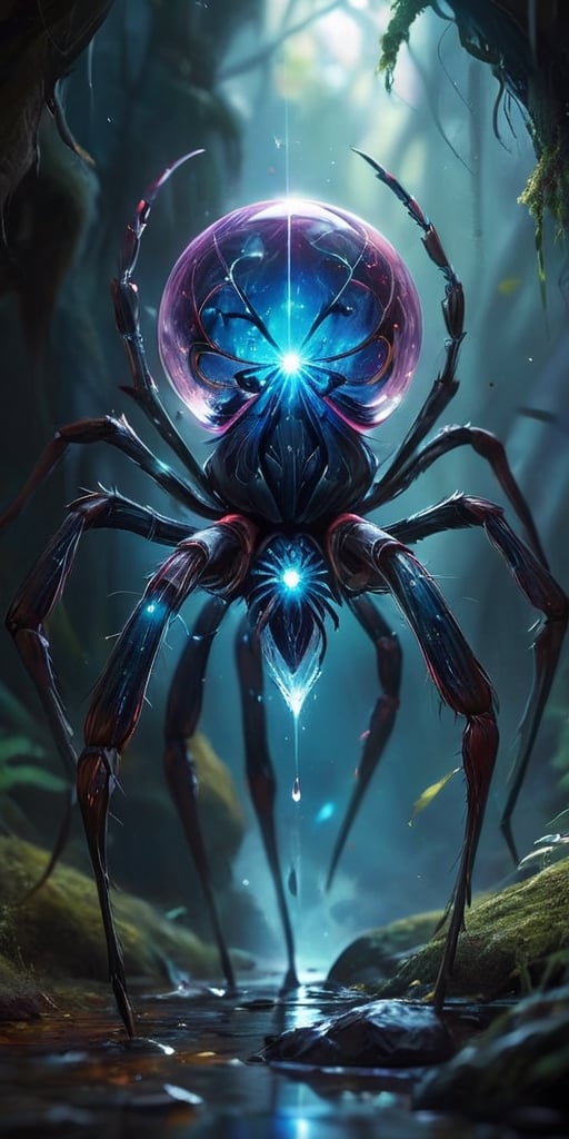 A colossal, crystalline entity resembling a twisted spider pulsates with an inner light. Its legs, formed from razor-sharp crystals, pierce the ground, and its multifaceted eyes gleam with an intelligence both alien and unsettling.
