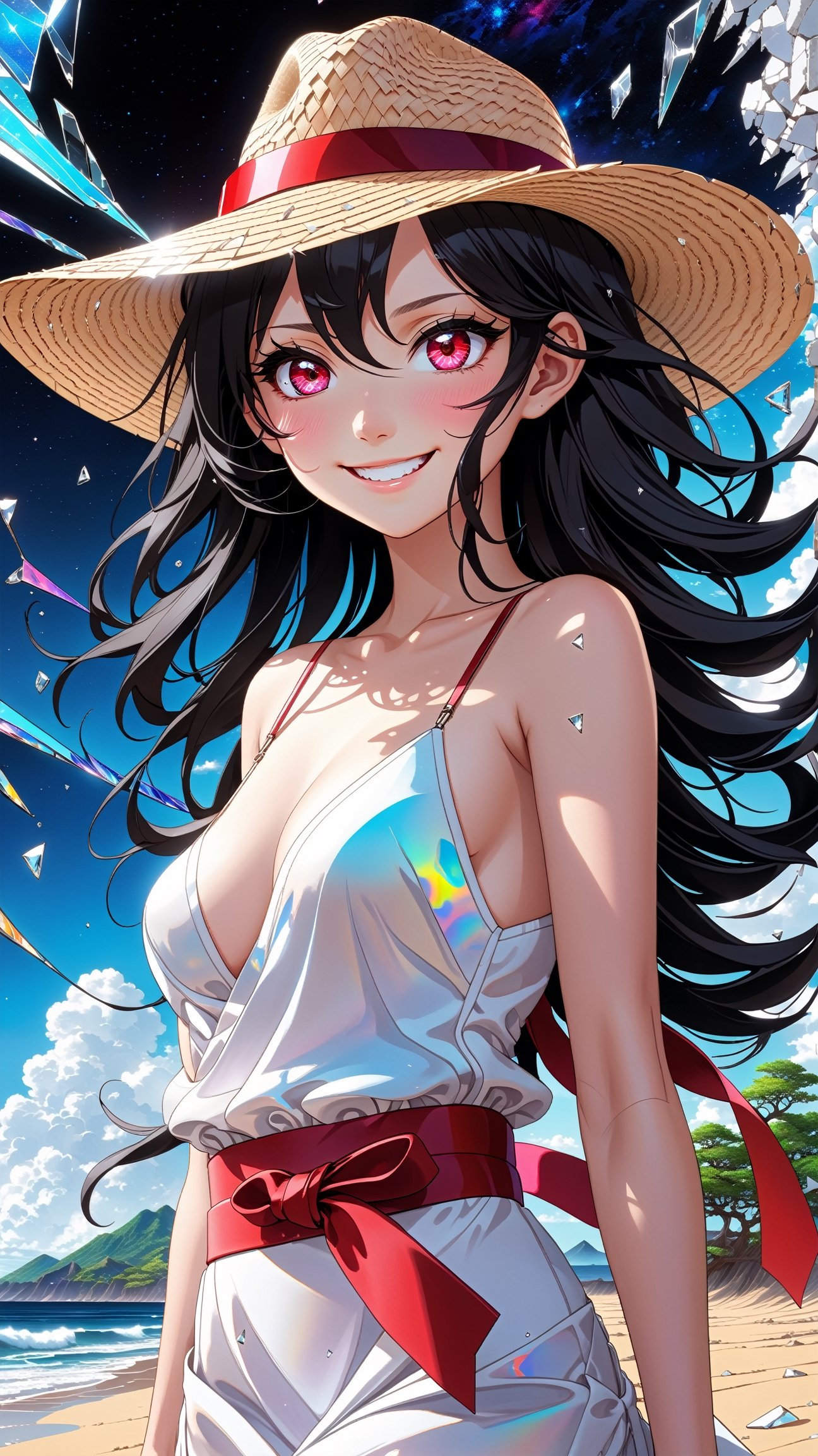 1girl, teen, (white camisole dress, straw hat, red sash belt:1.5), (cute, sweet, smile, bare face, big eyes, open mouth:1.4), face closeup, black glitched hair, straight hair, long hair, cowboy shot, (dynamic pause, dynamic angle, walk on sandy beach, blue sky, white cloud, blue sea:1.3), japanese, japanese idol succubus, black eyes, (best quality, ultra high res, Realistic, RAW photo, portrait photography, photorealistic, detailed skin, fair skin, beautiful detailed eyes), neon lit broken glass in shape of woman, galactic canvas shattered hopes and dreams, crystalline breakage, cracks in the fabric of space, crystalline eyes, strokes of art, sharp edges and lines, artistic, neon colors, colorful, sharp, inter-dimensional cracks, limitless faults in the data, curved cracks, fragmented, breaking off, pieces of nature, fragments of destruction, fragments of dreams, story told in art, ultra detailed, intricate, masterpiece, best quality, detailed, highest quality, highest details, highres, vortex dream, cosmic color splash artwork, (opal chatoyance cloud background:1.2), trendy, wins awards, ultra HD, Panavision Millennium DXL2 8k, large format, 5K Super 35, true 4K anamorphic