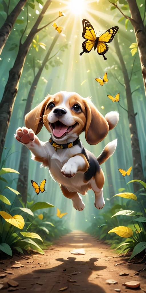 A beagle puppy, with its floppy ears and joyful expression, leaps through the air in an attempt to catch a bright yellow butterfly flitting just out of reach. The puppy's paws are outstretched, and its tail wags excitedly as it chases the butterfly through a sun-dappled forest.

