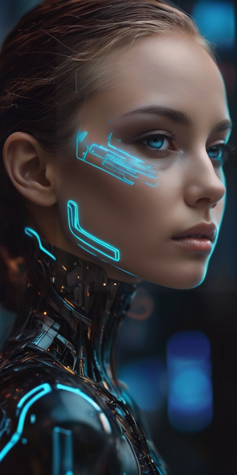 A close-up portrait of a woman with cybernetic enhancements, glowing blue lines tracing patterns across her cheekbone. Her expression is one of quiet strength. The background is a dark, metallic cityscape.
 
