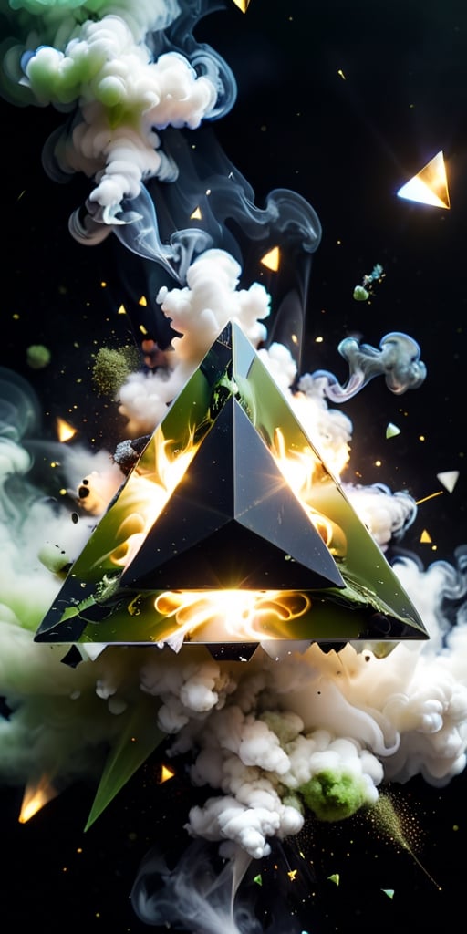 close up angle of (( on the smoke), (Olive Drab, black, white colour triangle dust),()detailed focus, deep bokeh, beautiful, , dark cosmic background. Visually delightful , 3D,ULTIMATE LOGO MAKER [XL],more detail XL