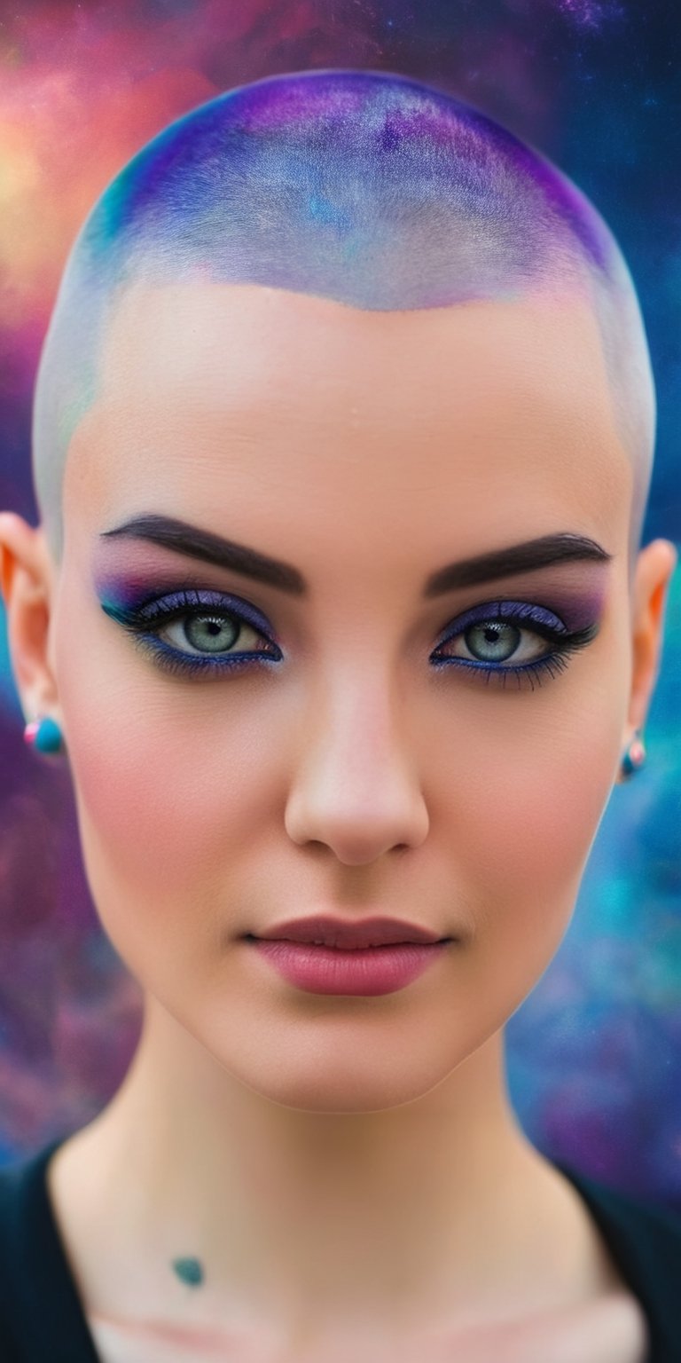 A close-up portrait of a woman with a shaved head and a confident gaze. She has a variety of piercings adorning her ears and eyebrow. The background is a swirling galaxy filled with vibrant colors.
 
