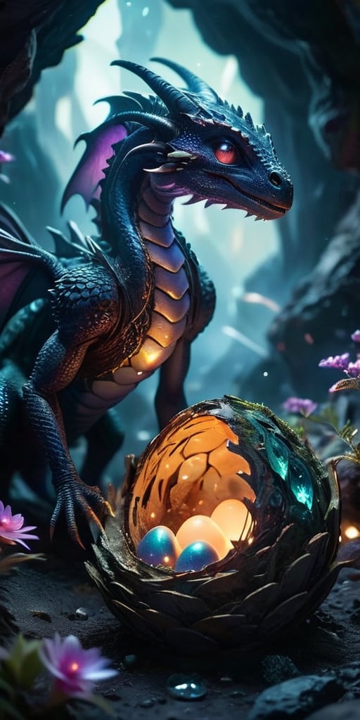 Hatchling in an Alien Nest On a barren moon's surface, a baby dragon emerges from an egg nestled in an alien nest made of glowing crystals and extraterrestrial flora. The dragon's scales reflect the light of the nearby gas giant, creating a mesmerizing display.