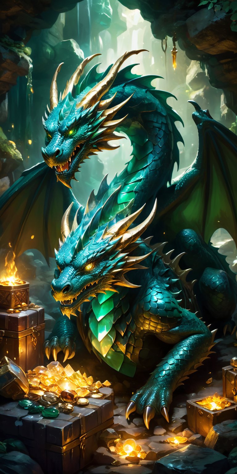 A majestic dragon with emerald-green scales lying protectively over a hoard of treasures in a dimly lit cavern. The gems and gold reflect its fierce beauty, while the shadows and flickering torchlight hint at the peril of approaching such a creature."
