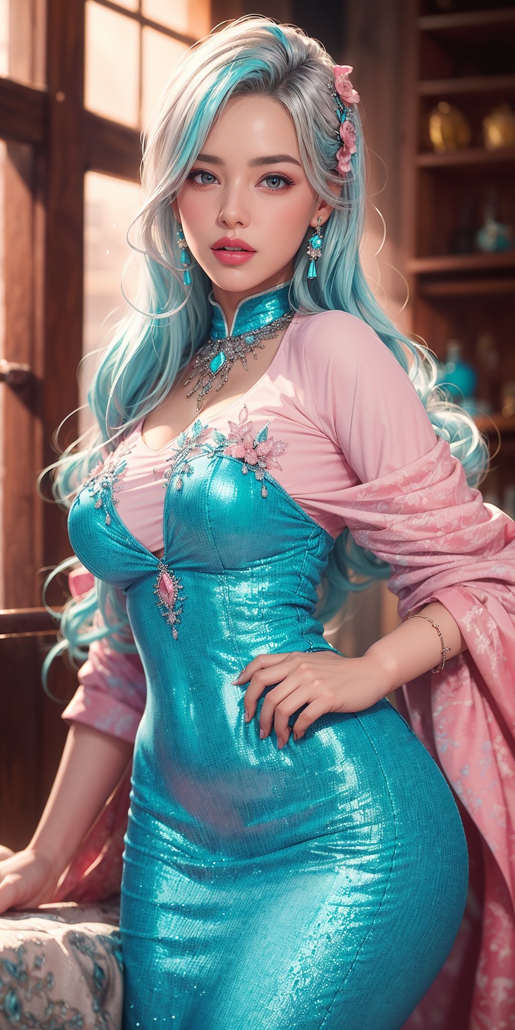 Realistic, Masterpiece,, woman , beautiful eyes, long hair, silver hair,parted lips, lipstick , mackup, blush, perfect curvy figure, wide hips, jewellery,((pink ,cyan  clothing)),photo realistic, super high detailed super realistic image, 32k ultra HDR high quality image, photorealistic, perfect hands, detailed fingers, ,More Detail