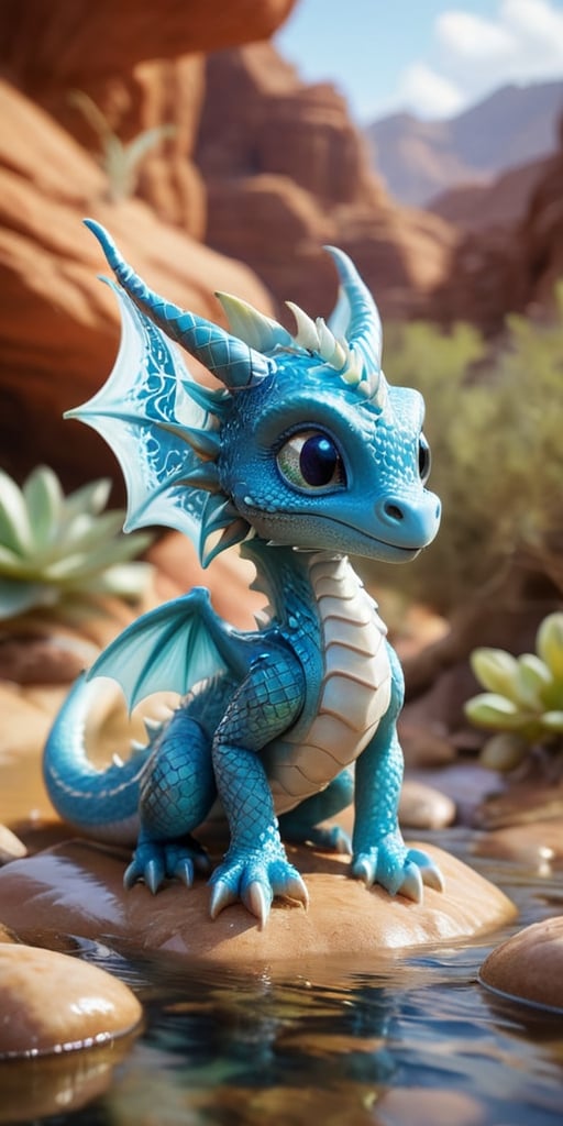 Within a tranquil oasis in the heart of a desert, a baby dragon with shimmering white scales basks in the cool, refreshing waters. Its wings, adorned with delicate patterns that shimmer like desert mirages, create a mesmerizing display of light and shadow as they gently fan the air. The dragon's presence seems to bring life to the barren landscape, as tiny sprouts emerge from the parched earth, symbolizing its connection to the rejuvenating power of water and the resilience of nature.
