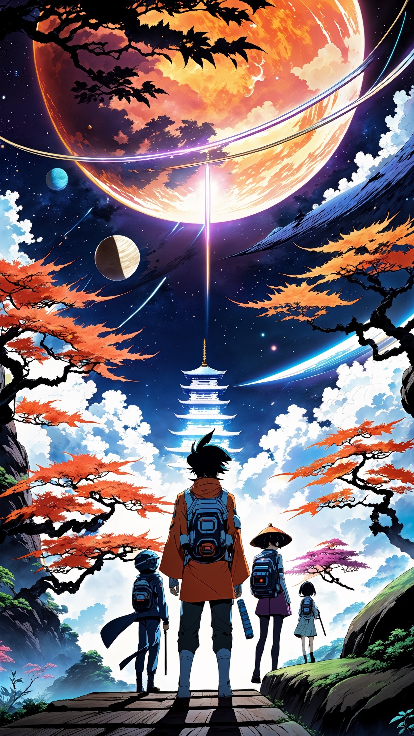 anime artwork, Interstellar heroes, akin to cosmic Ninjas, embark on an epic journey through the cosmos, encountering celestial Pagodas and alien Japanese Acer-inspired landscapes, their adventure colored by cosmic blues and fiery oranges anime style, key visual, vibrant, studio anime, highly detailed