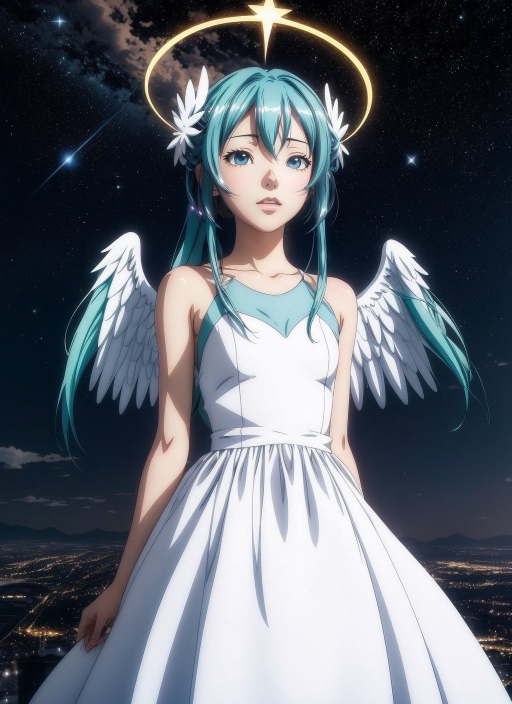 (anime coloring, anime screencap, ghibli, mappa, anime style), 1girl, hatsune miku, white gown, angel, angel wings, golden halo, dark background, upper body, (closed mouth:1.2), looking at viewer, arms behind back, blue theme, stars, starry night