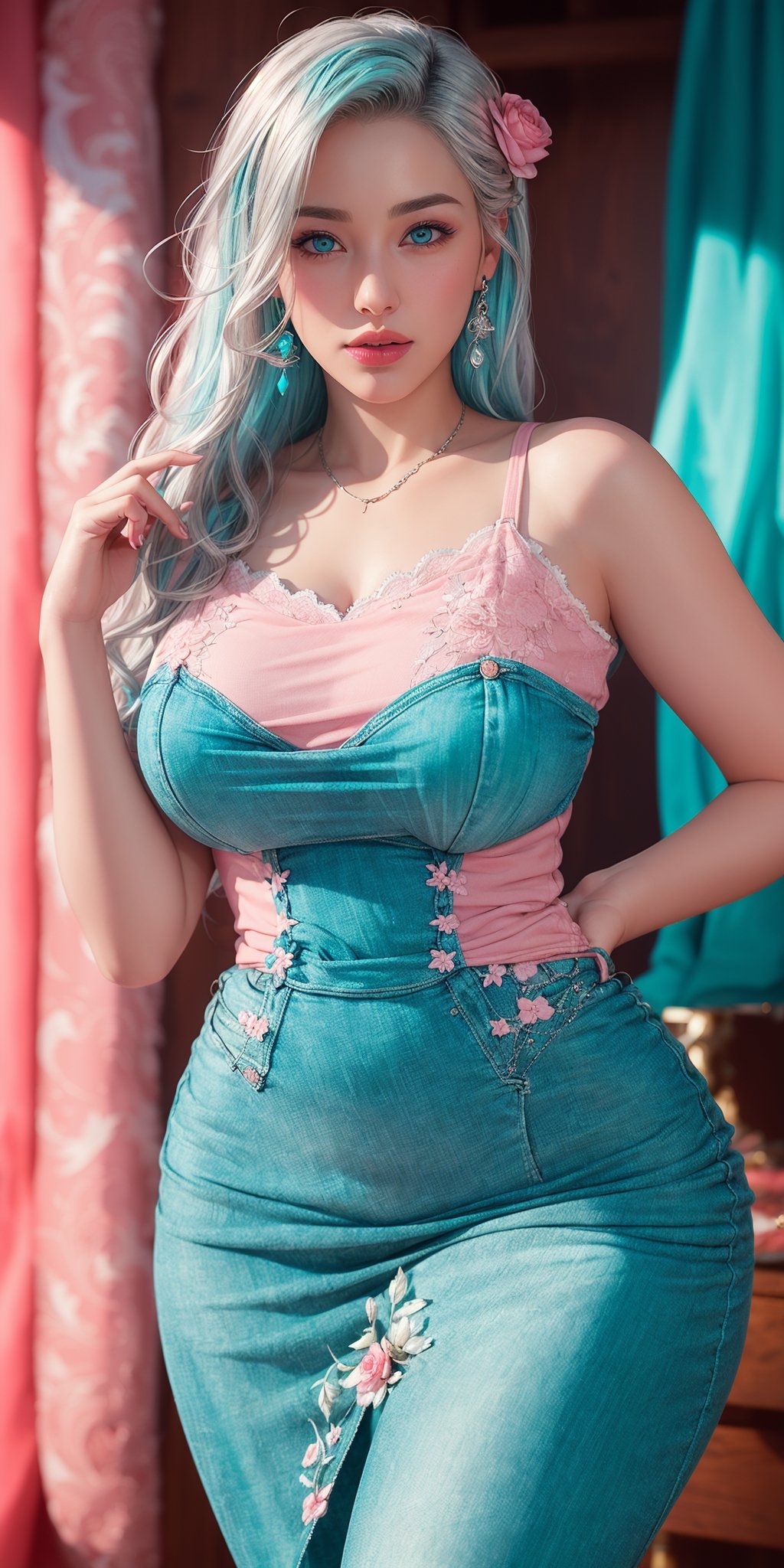 Realistic, Masterpiece,, woman , beautiful eyes, long hair, silver hair,parted lips, lipstick , mackup, blush, perfect curvy figure, wide hips, jewellery,((pink ,cyan  clothing)),photo realistic, super high detailed super realistic image, 32k ultra HDR high quality image, photorealistic, perfect hands, detailed fingers, ,More Detail