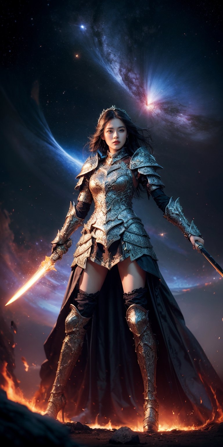 Celestial warrior A fierce and determined woman, clad in armor made of stardust and meteoric iron, wielding a sword forged in the heart of a supernova, ready to defend the cosmos.
