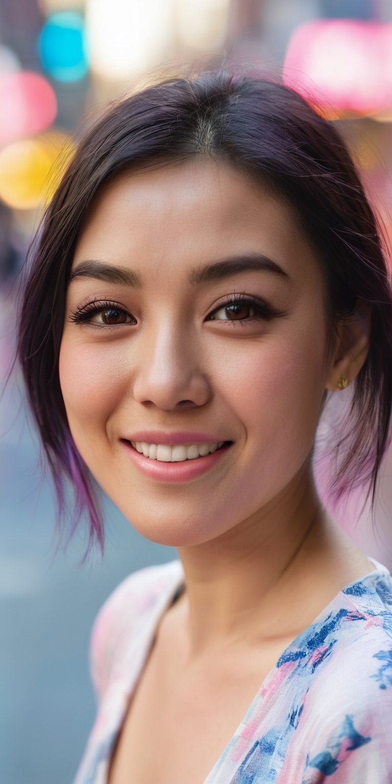 A close-up portrait of a woman with Asian features, her eyes crinkled at the corners from smiling. She has short, dark hair with streaks of pink and blue. The background is a bustling city street scene.
