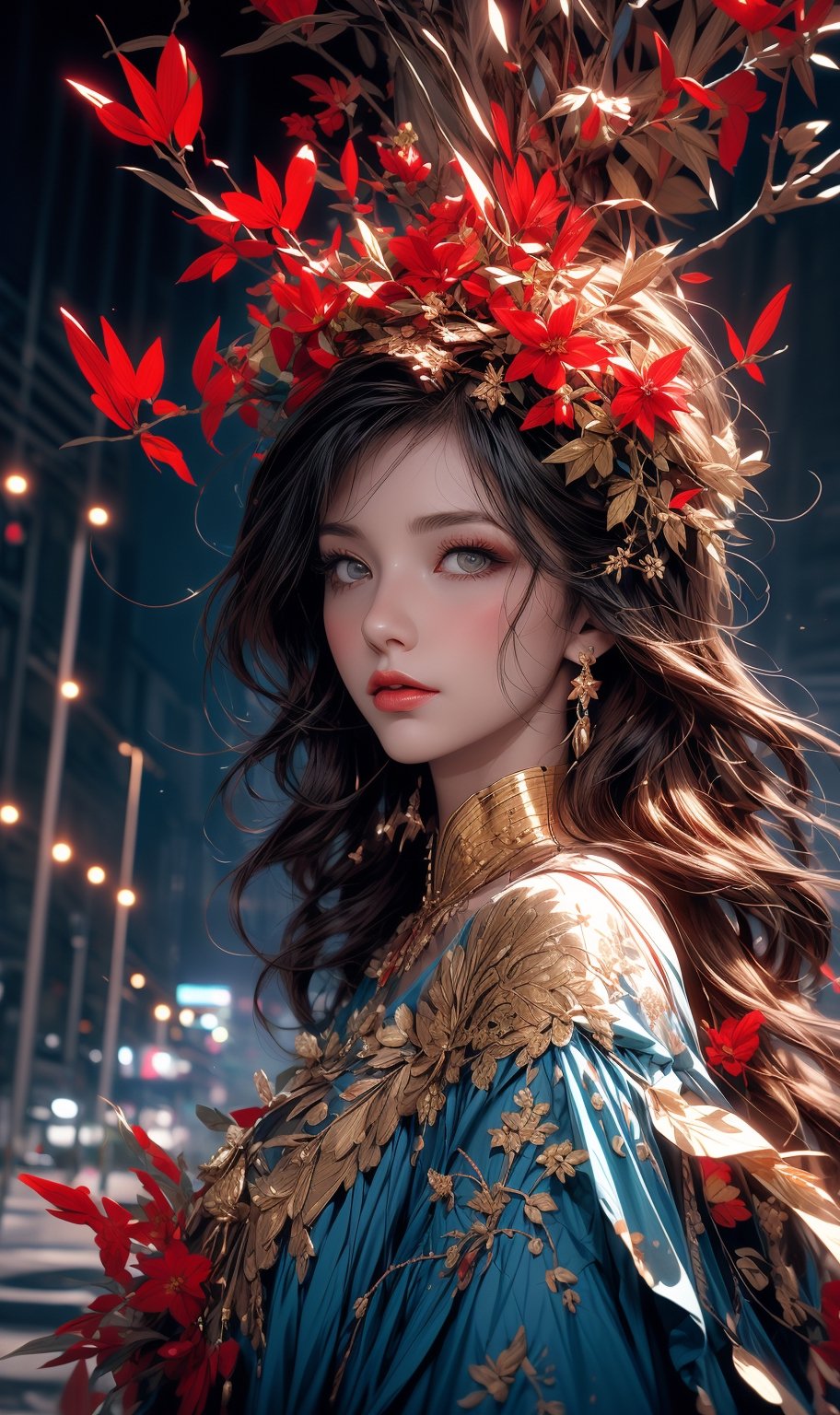 a colorful digital artwork of a beautiful woman, tree's branches, leaves and flowers in the style of mythic theme, graceful surrealism, depictions of urban life, (dark sky-blue and red, gold), portraitures with hidden meanings, caricature-like illustrations, metropolis meets nature ,midjourney, double exposure,1 girl