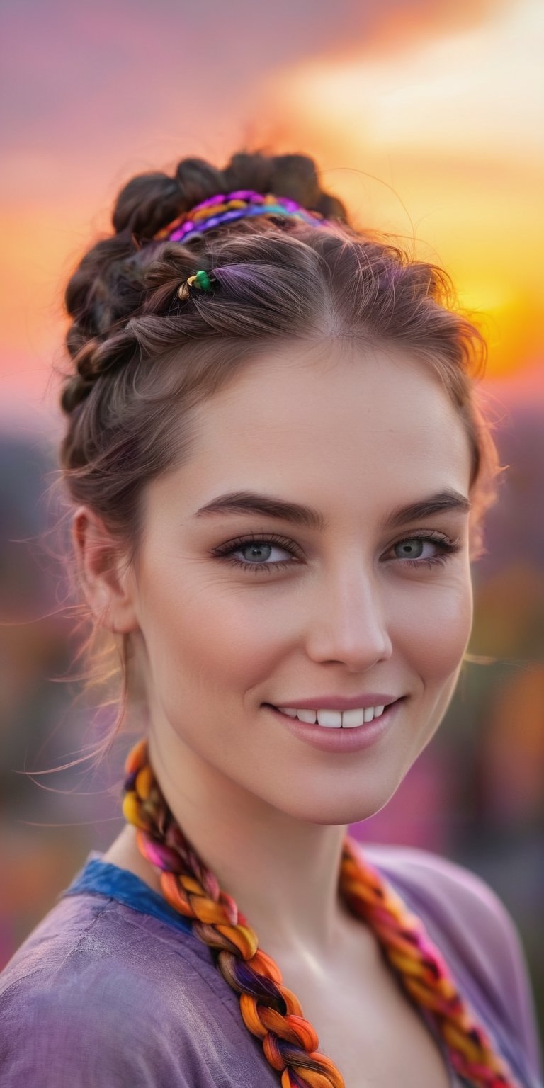 A close-up portrait of a woman with a gentle smile and kind eyes. Her hair is braided with colorful beads woven throughout. The background is a vibrant sunset, awash in hues of orange, pink, and purple.
