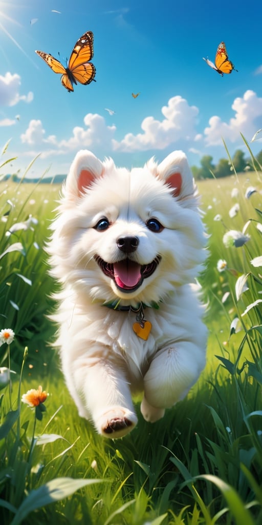A panoramic image of a vast green meadow, with a fluffy white Samoyed puppy frolicking in the tall grass. The puppy playfully chases a swarm of butterflies, their colorful wings creating a mesmerizing blur against the blue summer sky.

