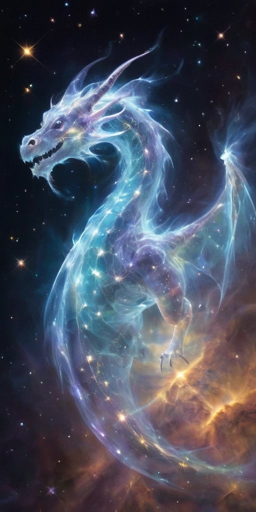 An ethereal dragon, translucent and shimmering like a ghostly apparition, its form outlined by the glow of distant stars. It soars through the void of space, leaving a trail of sparkling stardust in its wake, its eyes glowing with ancient wisdom as it navigates the cosmos.
