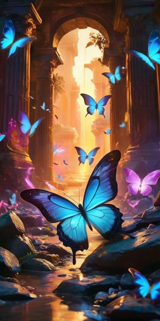 A swarm of bioluminescent butterflies with iridescent wings flutter through the ruins of an ancient alien city. Their delicate beauty masks a deadly secret: their powdery scales are laced with a potent neurotoxin, leaving those who disturb them in a paralyzed state.
