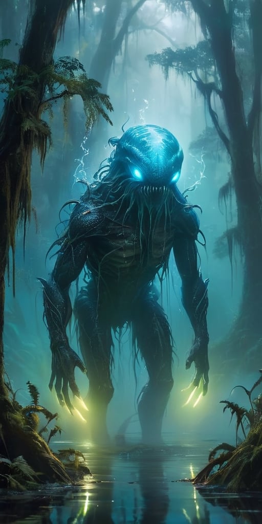 A monstrous, amphibious creature with bioluminescent markings emerges from a fog-shrouded swamp. Its webbed fingers leave glowing trails on the damp vegetation, and its croaking calls echo through the dense foliage, both a warning and a lure.
