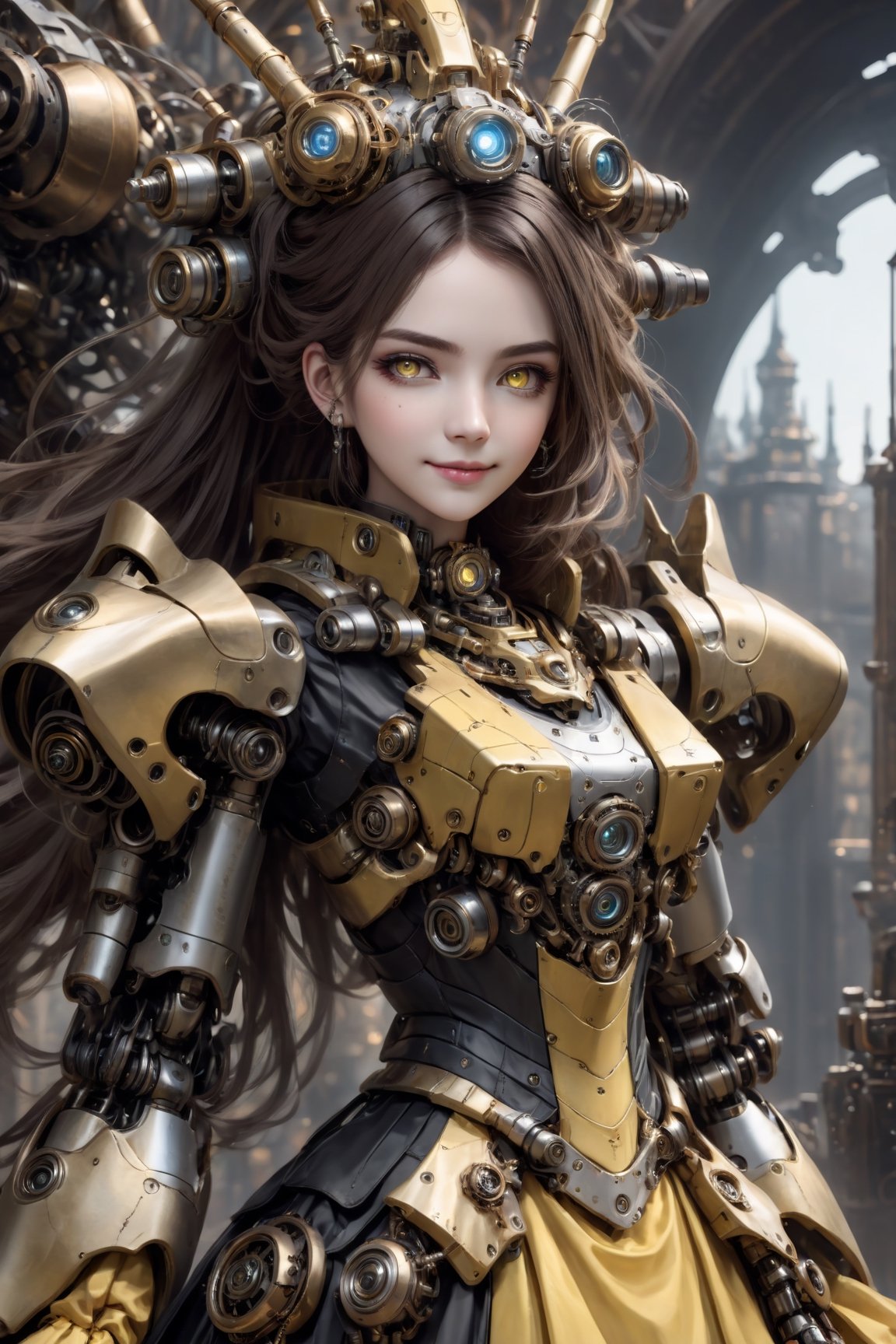 (masterpiece, top quality, best quality, official art, beautiful and aesthetic:1.2), (gothic_girl), light smile, yellow dress, intricate dress, highest detailed, zoom_out, perfect eyes, random hairstyle,mecha,HZ Steampunk,robot