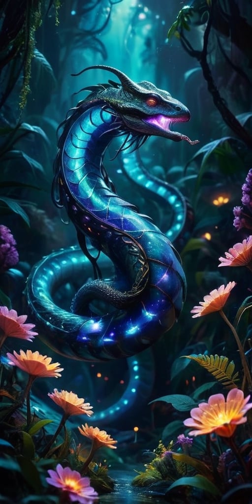 A colossal, serpentine creature with iridescent scales and glowing spines undulates through a field of bioluminescent flowers on an alien planet. Its forked tongue flickers as it samples the exotic flora, its bioluminescence pulsing in sync with the flowers' rhythmic glow.
