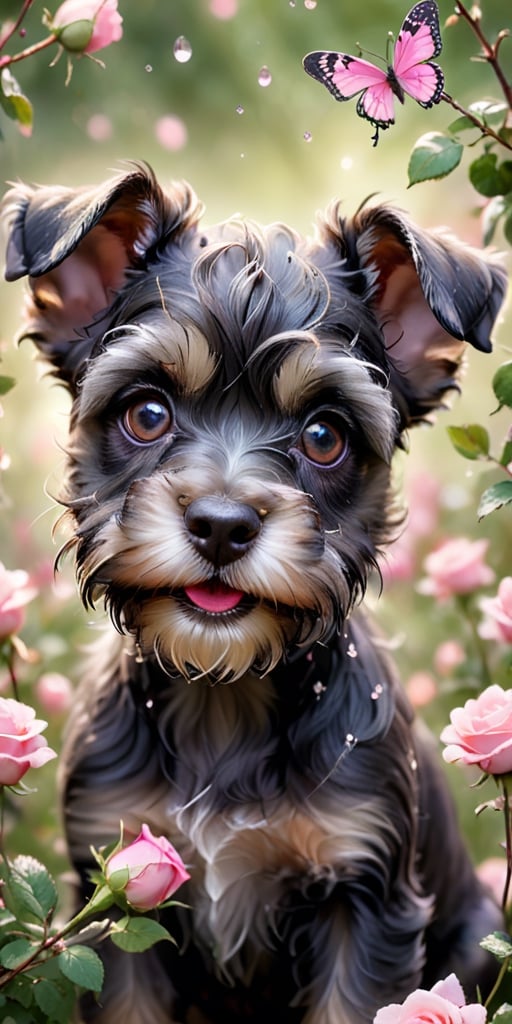 A close-up image of a Schnauzer puppy's face, framed by its wiry fur. The puppy's eyes sparkle with mischief as it fixates on a delicate pink butterfly fluttering in front of a rose bush. Dewdrops glisten on the rose petals, adding to the scene's charm.
