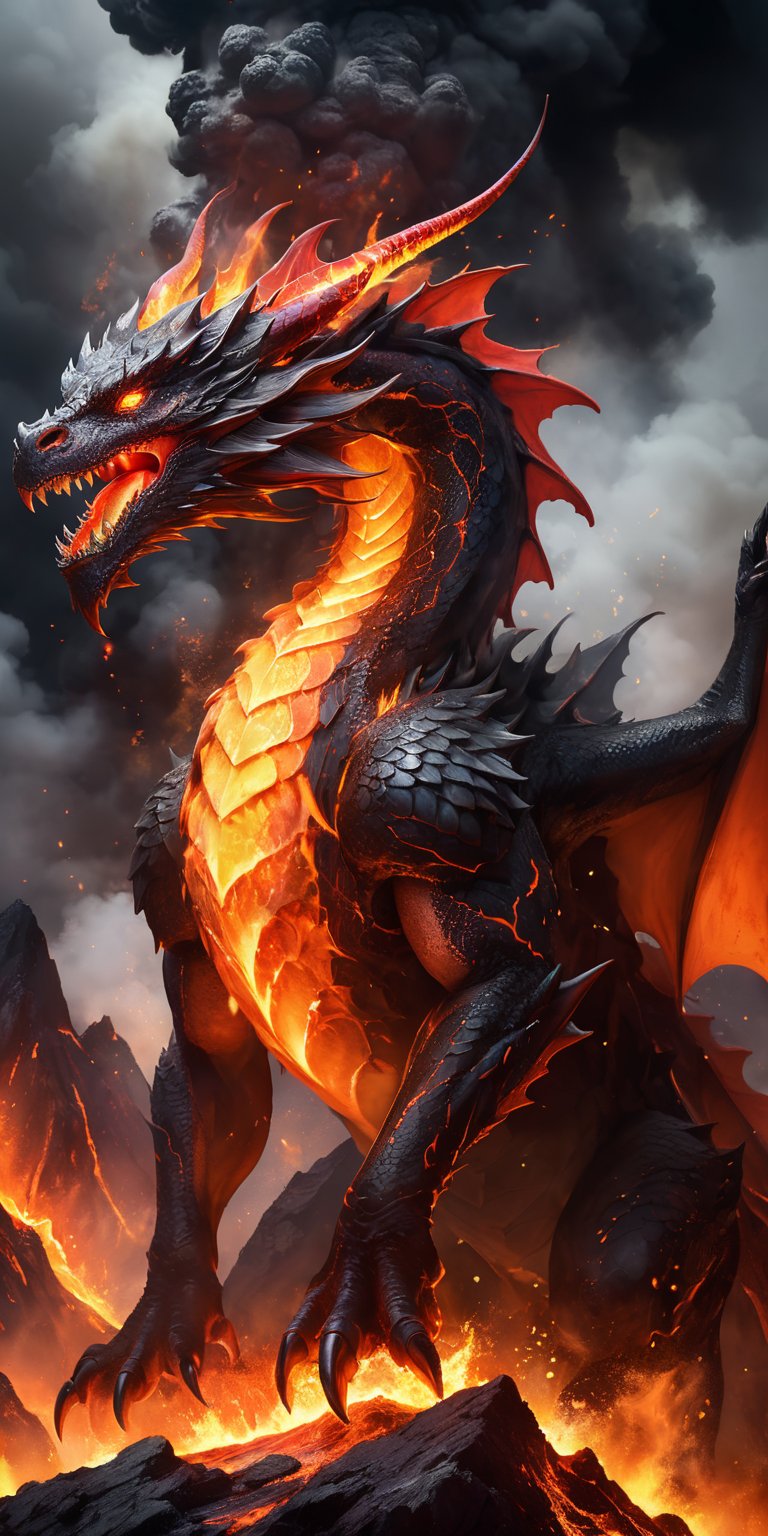 A fiery dragon with lava-red scales emerging from a volcano's mouth. The intense heat and molten rock accentuate its fierce beauty, while the smoke and ash create an aura of impending doom.
