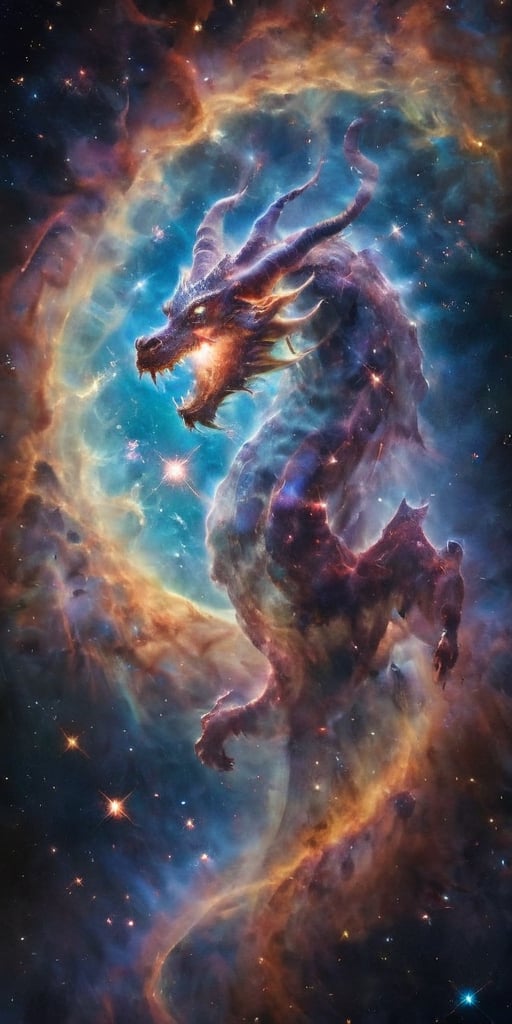 A celestial dragon, its body a tapestry of cosmic colors, adorned with glowing constellations that seem to dance across its scales. It coils around a glowing comet, its serpentine form framed by the vastness of space, with distant galaxies and nebulae painting a breathtaking backdrop.
