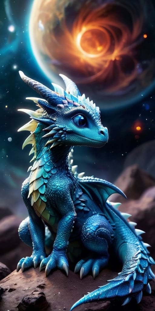 Celestial Guardians A baby dragon perches on a small asteroid, watching over a distant planet with an atmosphere filled with swirling auroras. Its scales are a deep, metallic blue, and its eyes reflect the planet's shimmering beauty.