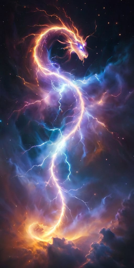 A dragon of pure energy, its body crackling with lightning-like tendrils of light that arc and twist around its sleek form. It flies through a field of shimmering auroras, its presence seemingly causing the lights to intensify, creating a stunning display of color and motion in the night sky.
